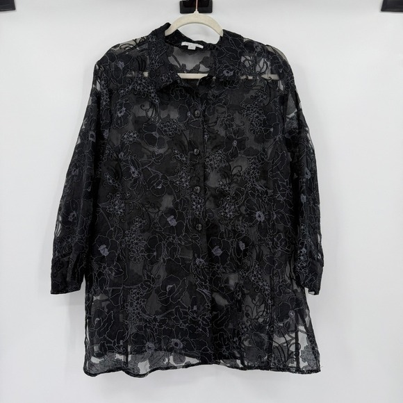 erin london Tops - Erin London Black Floral Sheer Button Up‎ Tunic Top Size XL